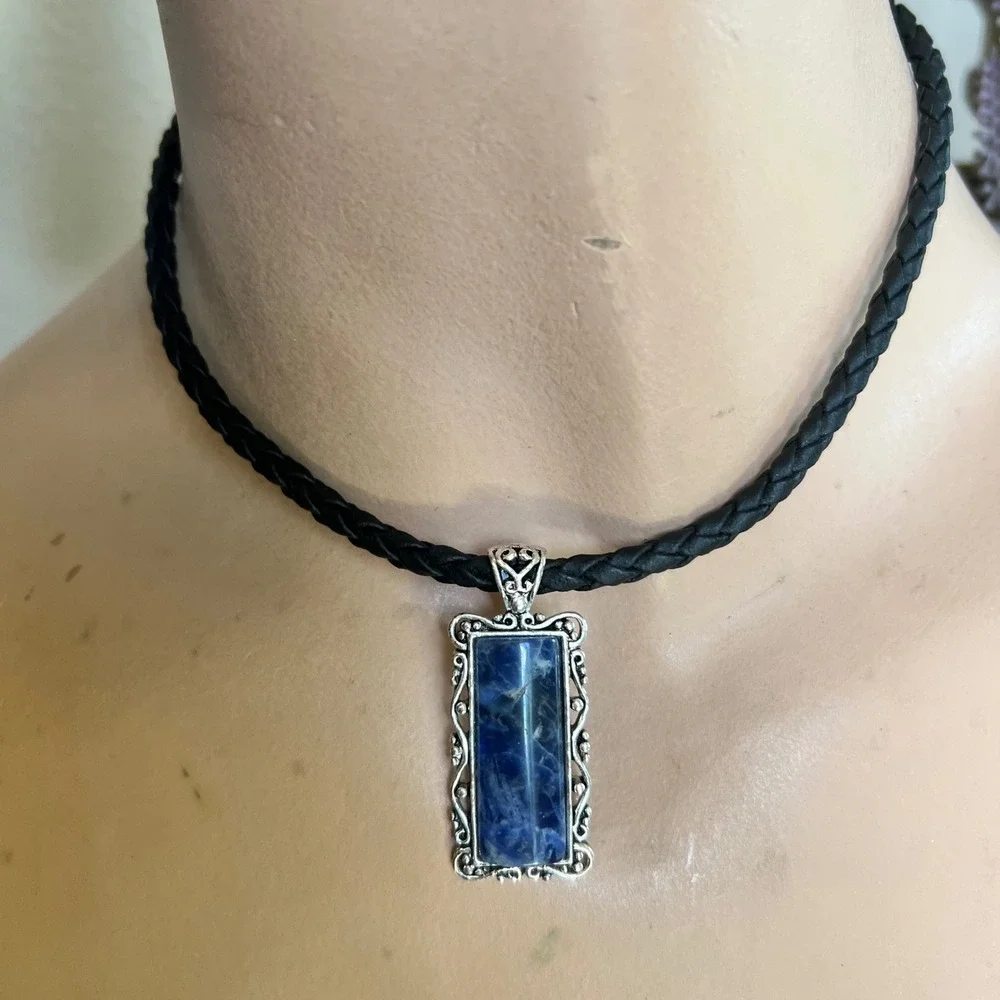 Avon Blue Sodalite Rectangular Pendant Braided Choker Necklace 15-18